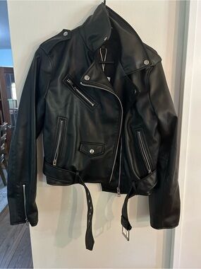 Zara Black Faux Leather Moto Jacket with Silver Hardware